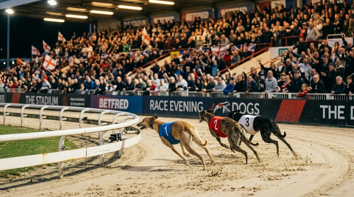 Greyhounds racing at full speed around the first bend during an All England Cup heat at Newcastle Stadium