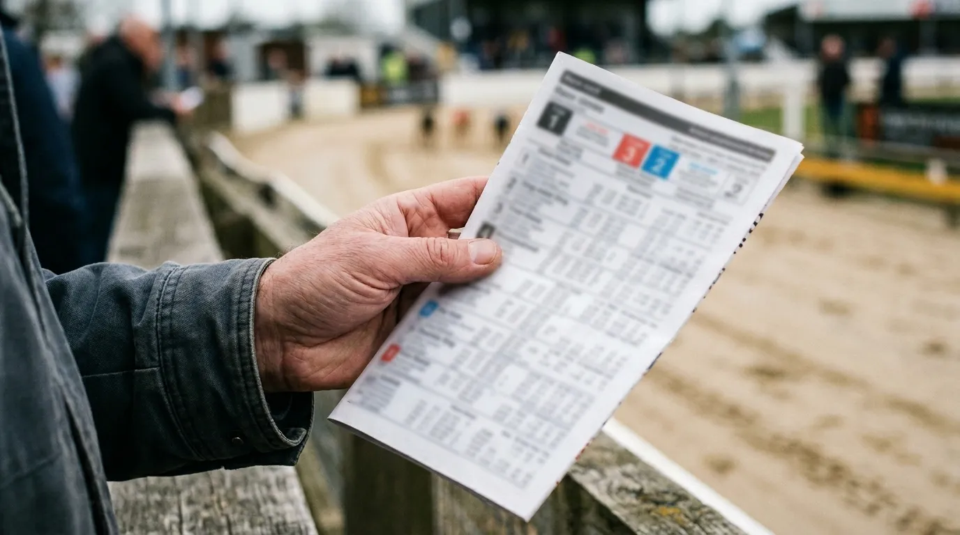 Close-up of a greyhound racecard showing trap numbers, sectional times and running comments at Newcastle