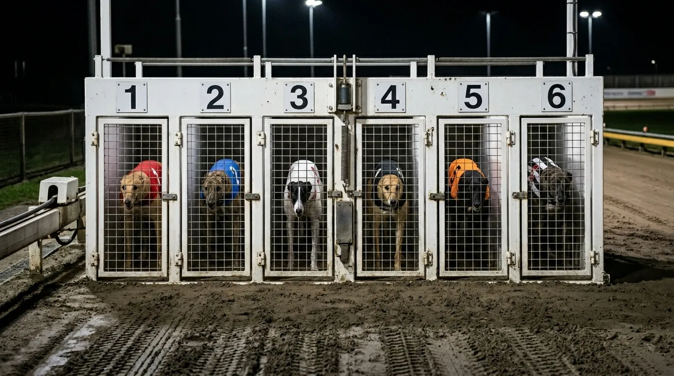 Six greyhound starting traps with numbered coloured jackets ready for a race at a British track