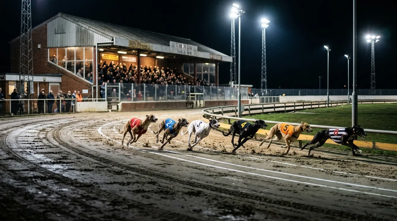 Newcastle Greyhound Stadium on race night with greyhounds sprinting around the floodlit sand track