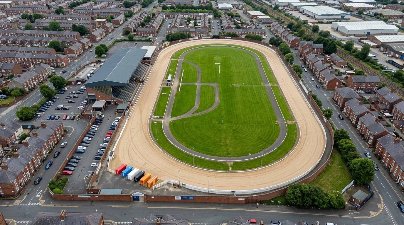 Aerial view of Newcastle Greyhound Stadium showing the 415-metre sand oval track in Byker