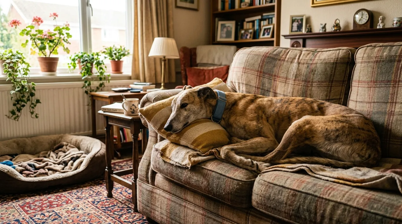 A retired racing greyhound relaxing on a sofa in a family home after adoption